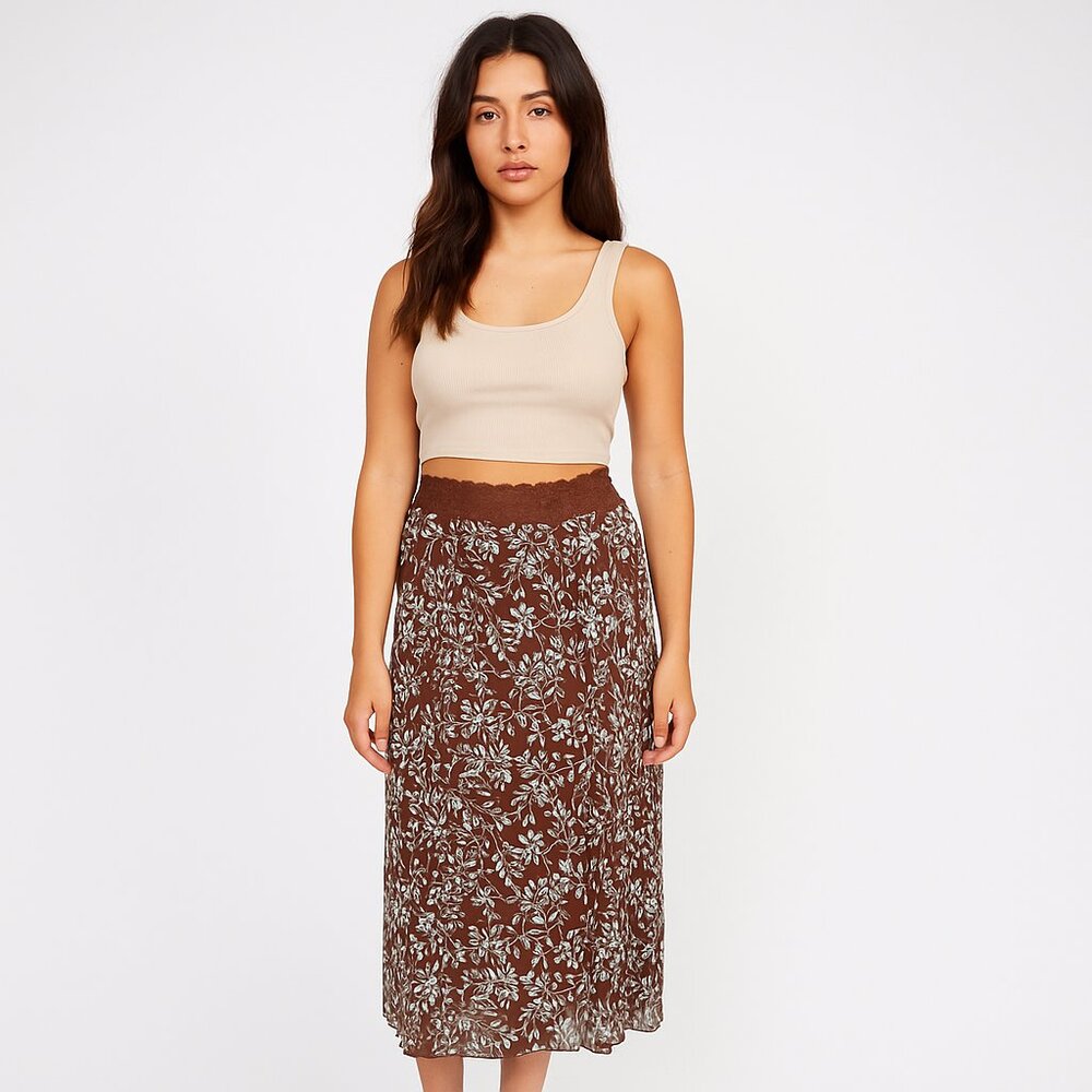 FOREVER21 VINTAGE‎ y2k lettuce hem midi skirt lace waistband brown size S